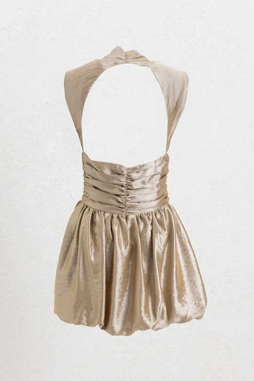 Bayan Bej Parlak Balon Mini Elbise - BSL