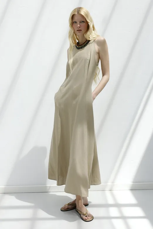 Bayan Bej Keten Midi Kolsuz Elbise - BSL