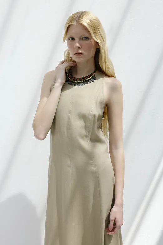 Bayan Bej Keten Midi Kolsuz Elbise - BSL