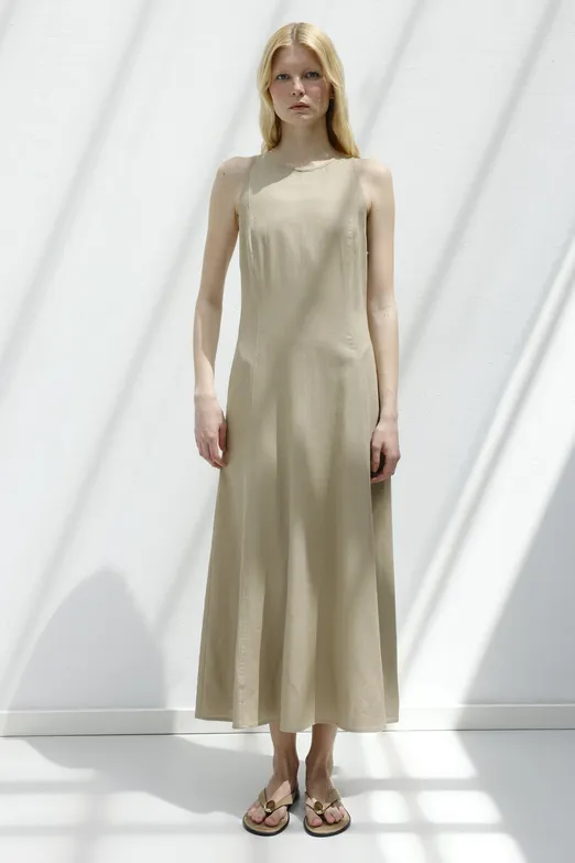 Bayan Bej Keten Midi Kolsuz Elbise - BSL