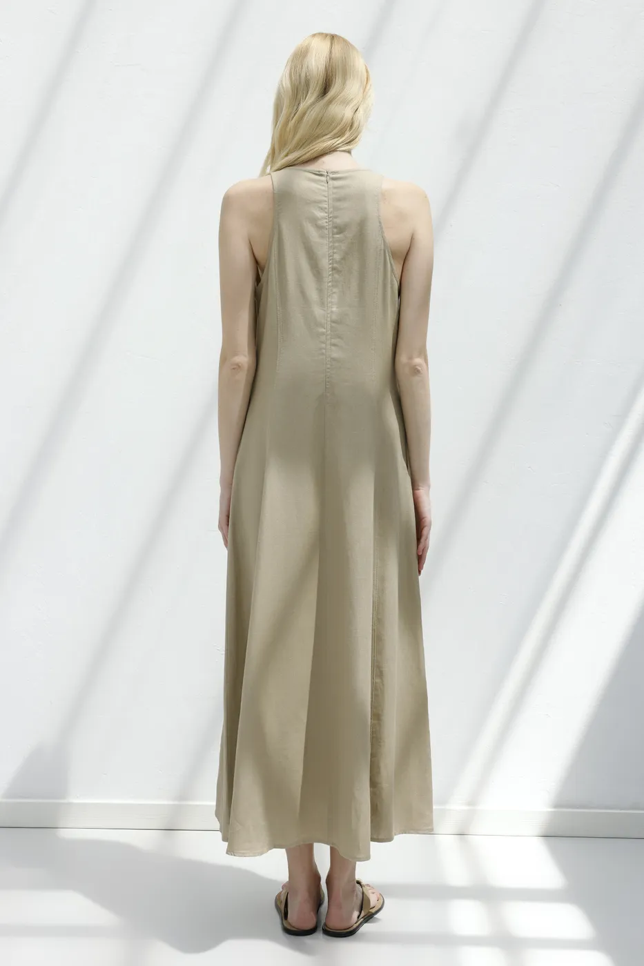 Bayan Bej Keten Midi Kolsuz Elbise