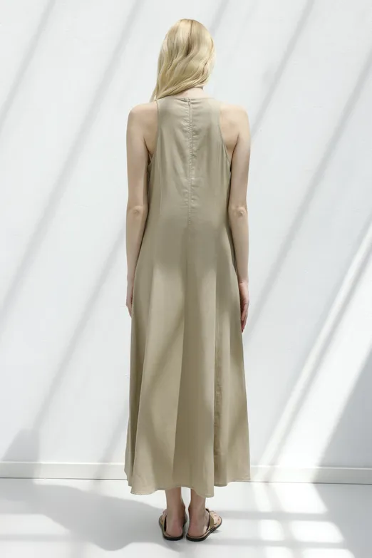 Bayan Bej Keten Midi Kolsuz Elbise - BSL