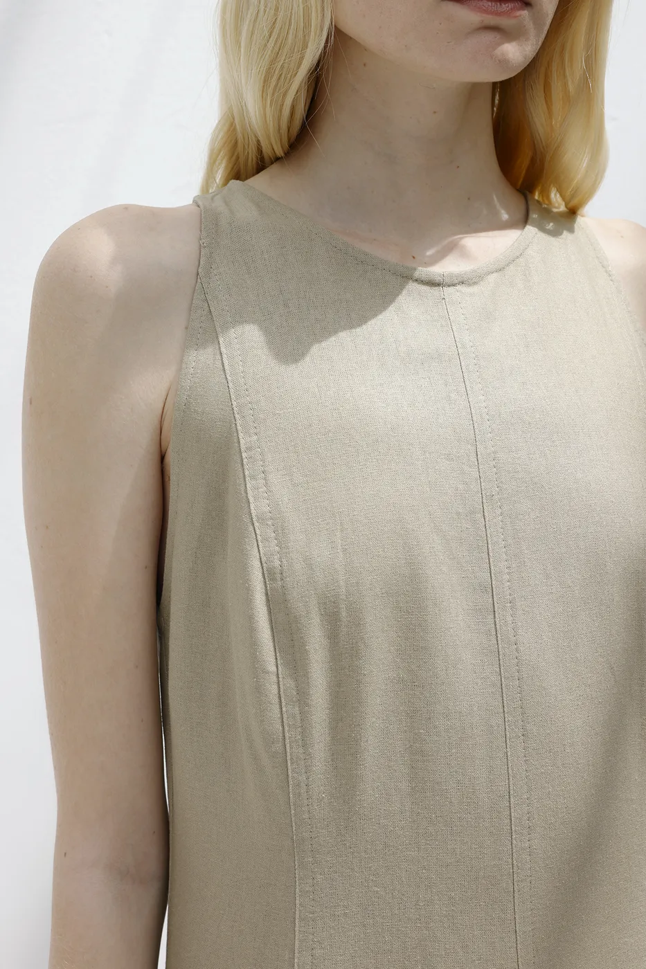 Bayan Bej Keten Midi Kolsuz Elbise