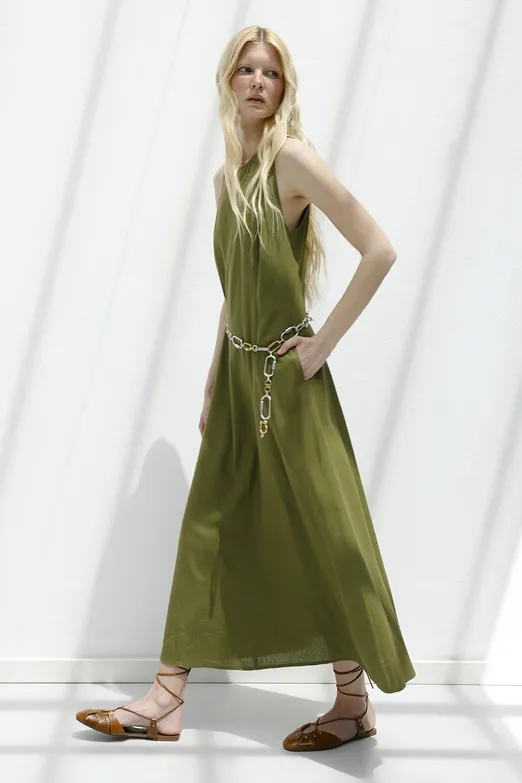 Bayan Haki Keten Midi Kolsuz Elbise - BSL