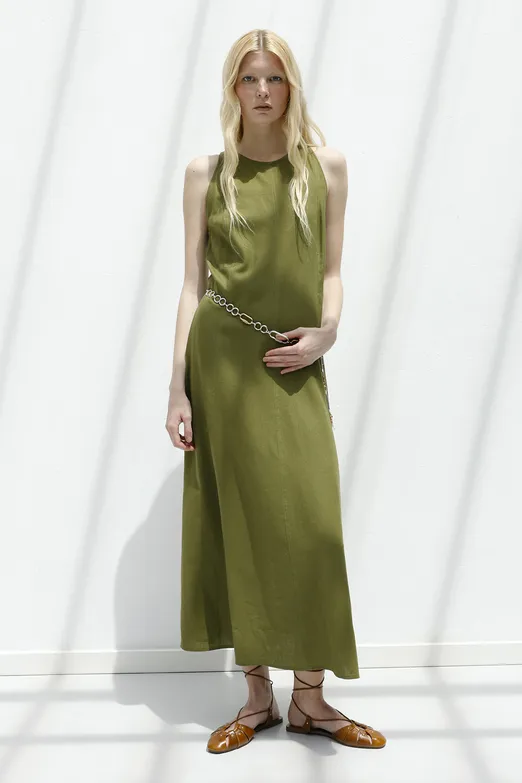 Bayan Haki Keten Midi Kolsuz Elbise - BSL