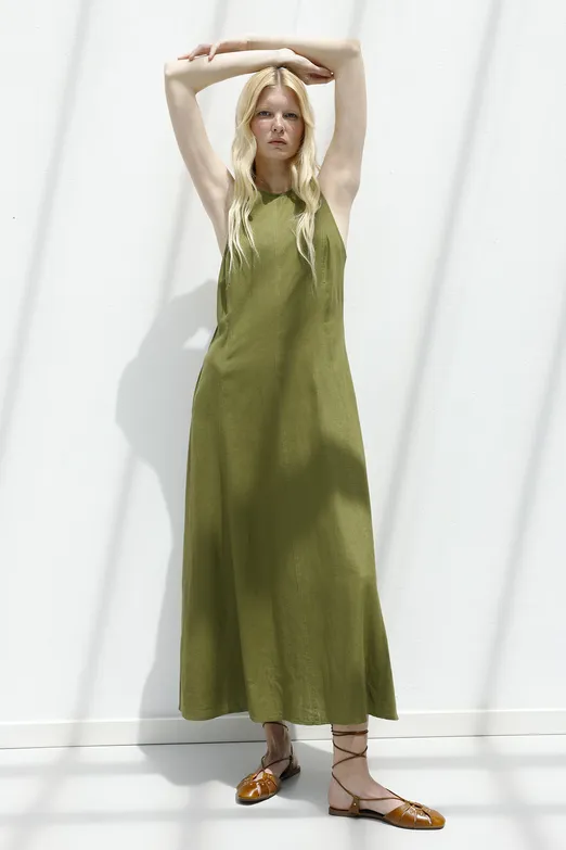 Bayan Haki Keten Midi Kolsuz Elbise - BSL