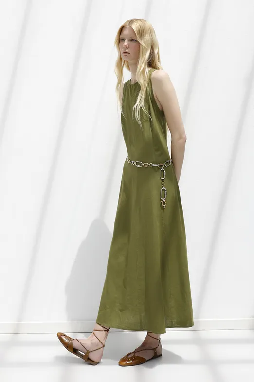 Bayan Haki Keten Midi Kolsuz Elbise - BSL