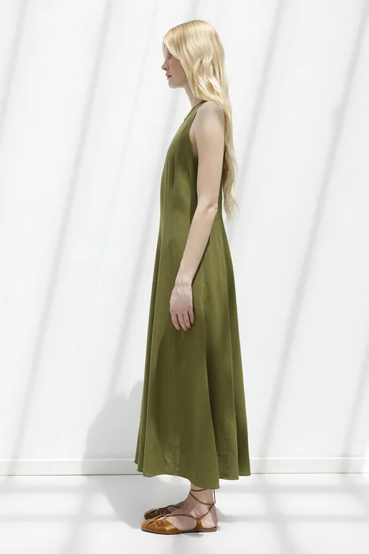 Bayan Haki Keten Midi Kolsuz Elbise - BSL