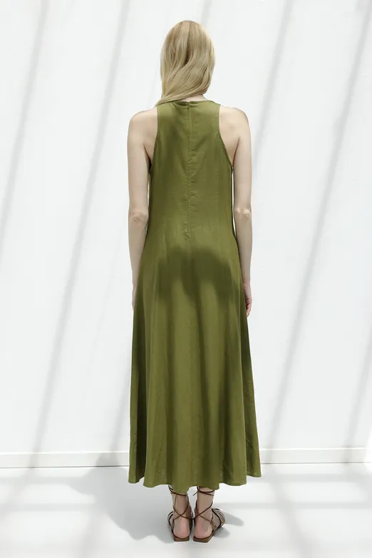 Bayan Haki Keten Midi Kolsuz Elbise - BSL