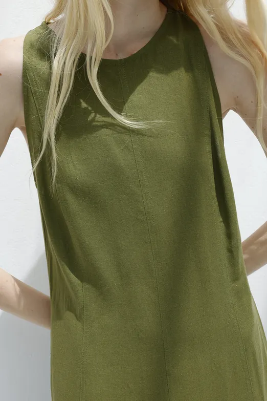 Bayan Haki Keten Midi Kolsuz Elbise - BSL