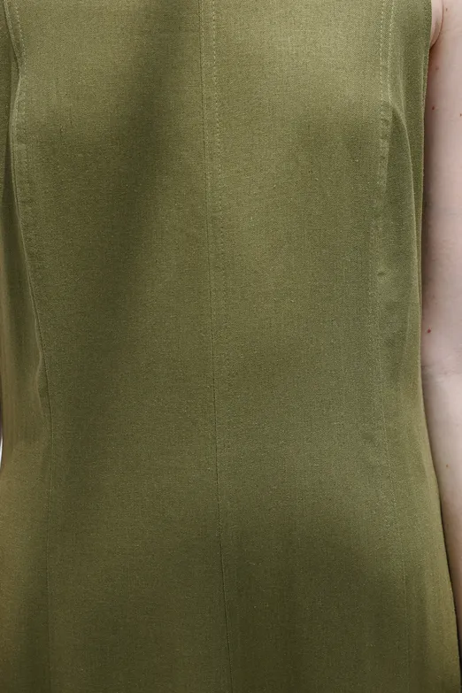 Bayan Haki Keten Midi Kolsuz Elbise - BSL