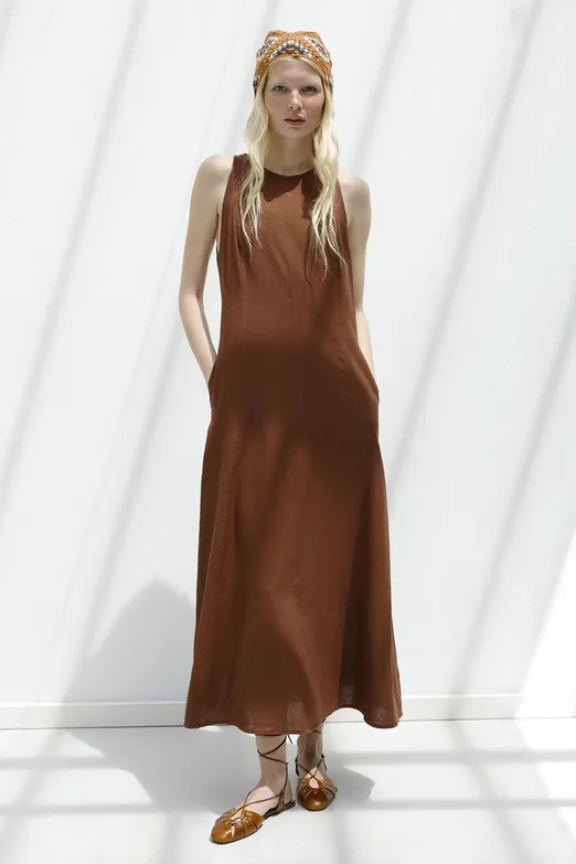 Bayan Kahverengi Keten Midi Kolsuz Elbise - BSL