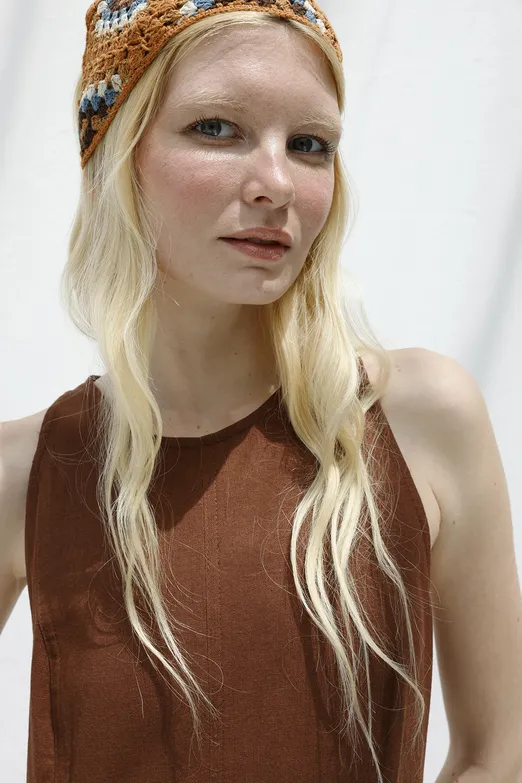 Bayan Kahverengi Keten Midi Kolsuz Elbise - BSL