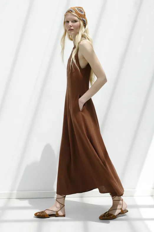 Bayan Kahverengi Keten Midi Kolsuz Elbise - BSL