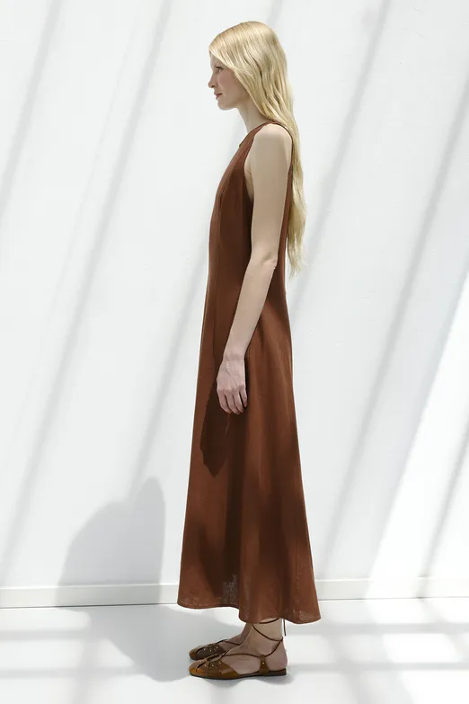 Bayan Kahverengi Keten Midi Kolsuz Elbise - BSL