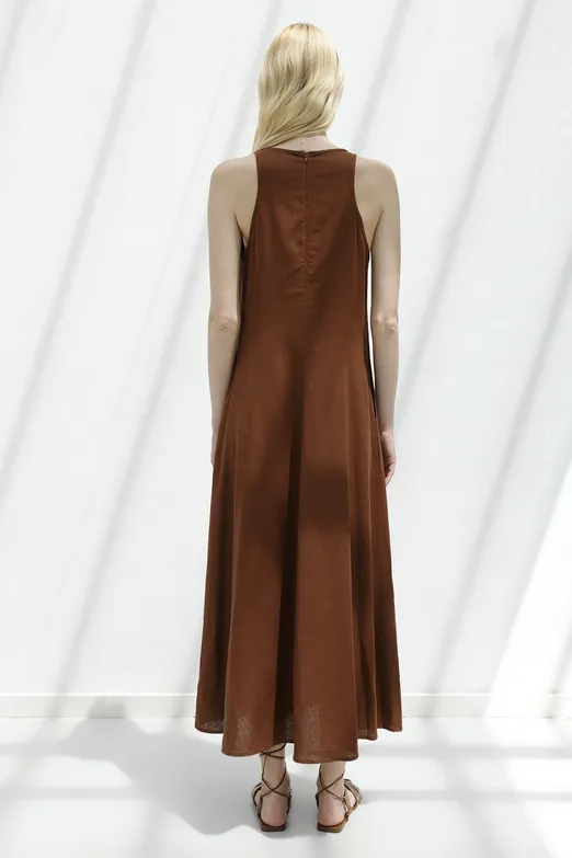 Bayan Kahverengi Keten Midi Kolsuz Elbise - BSL