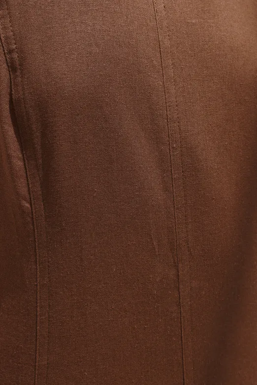 Bayan Kahverengi Keten Midi Kolsuz Elbise - BSL