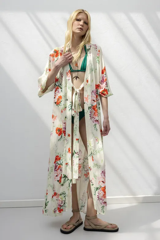 Bayan Ekru Balon Kollu Midi Keten Elbise - BSL