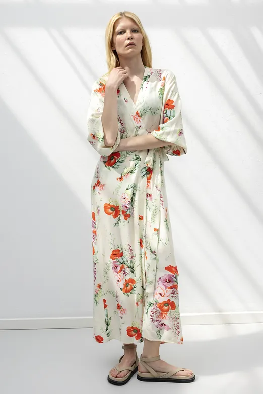 Bayan Ekru Balon Kollu Midi Keten Elbise - BSL