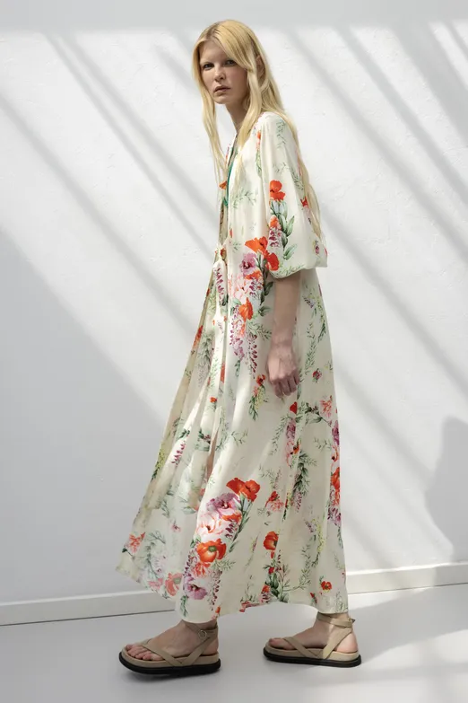 Bayan Ekru Balon Kollu Midi Keten Elbise - BSL