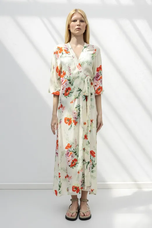 Bayan Ekru Balon Kollu Midi Keten Elbise - BSL