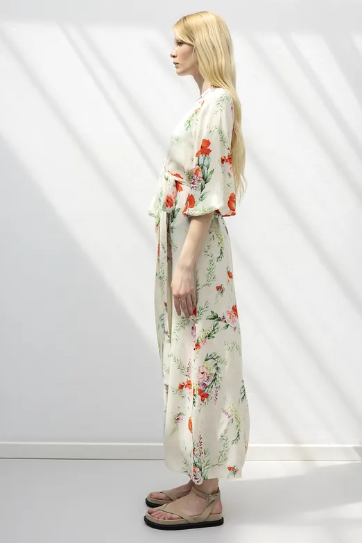 Bayan Ekru Balon Kollu Midi Keten Elbise - BSL