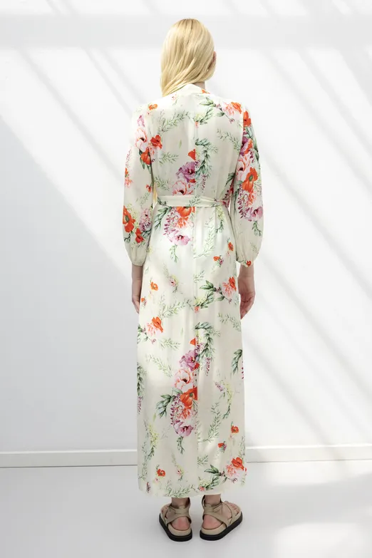 Bayan Ekru Balon Kollu Midi Keten Elbise - BSL