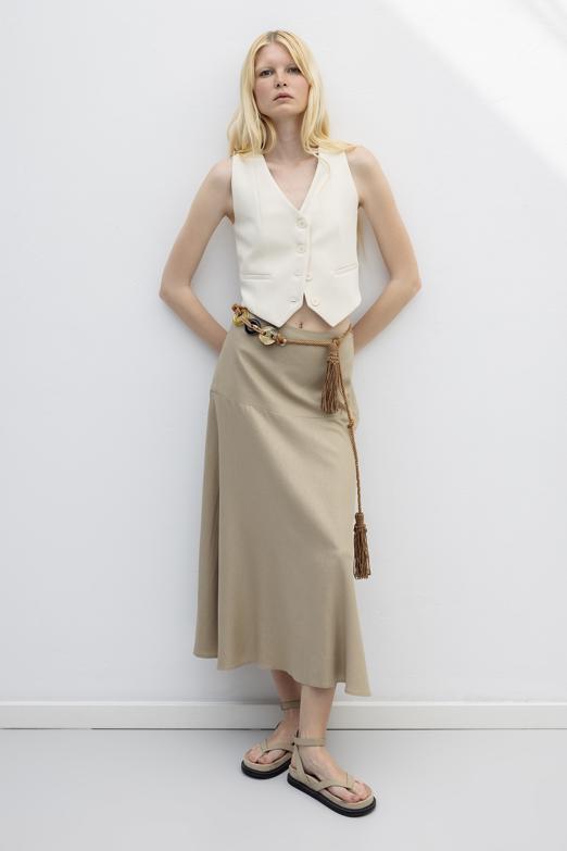 Bayan  Keten Karışım Volanlı Midi Etek