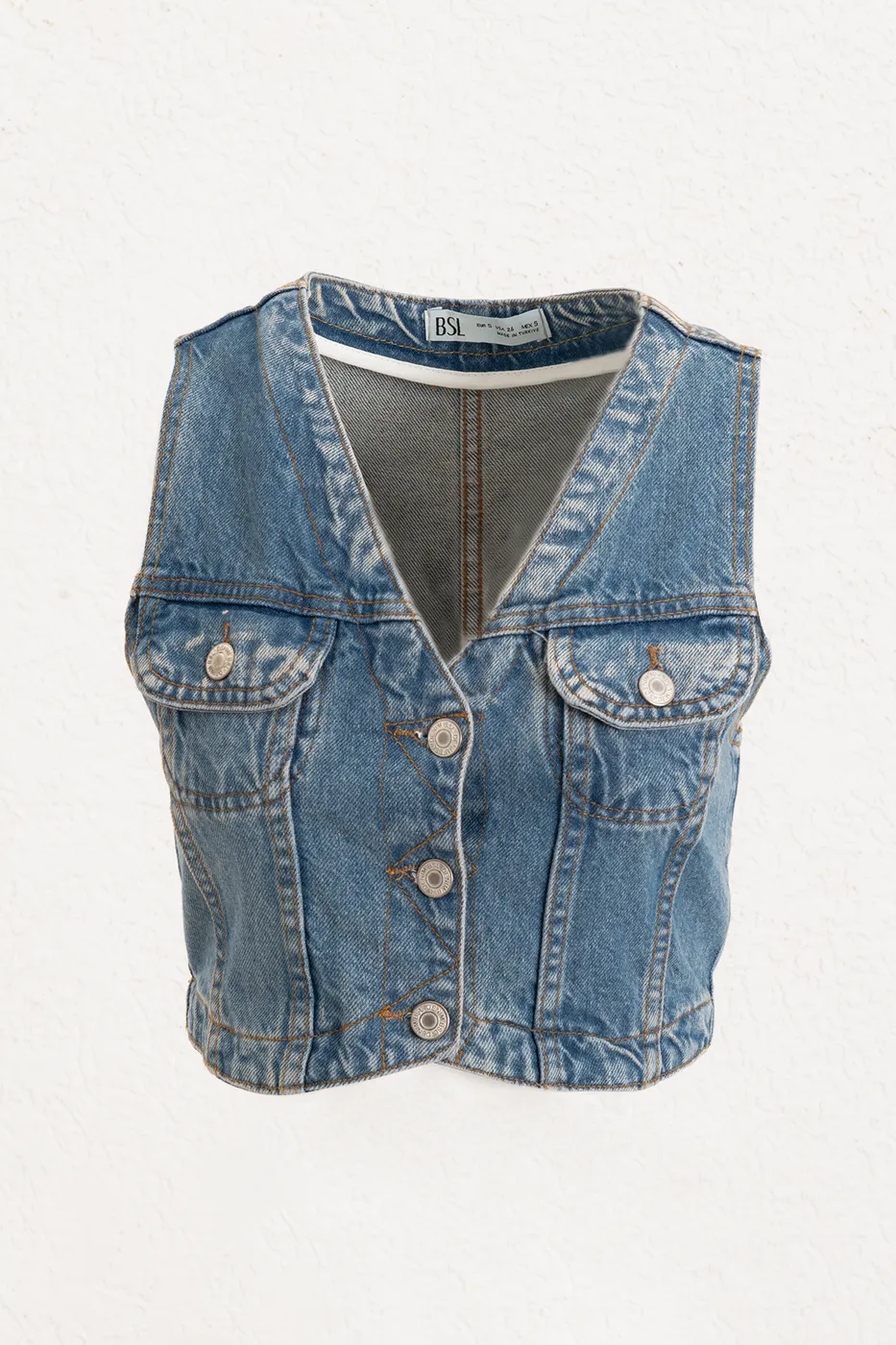 Bayan Mavi Crop Fit Denim Yelek