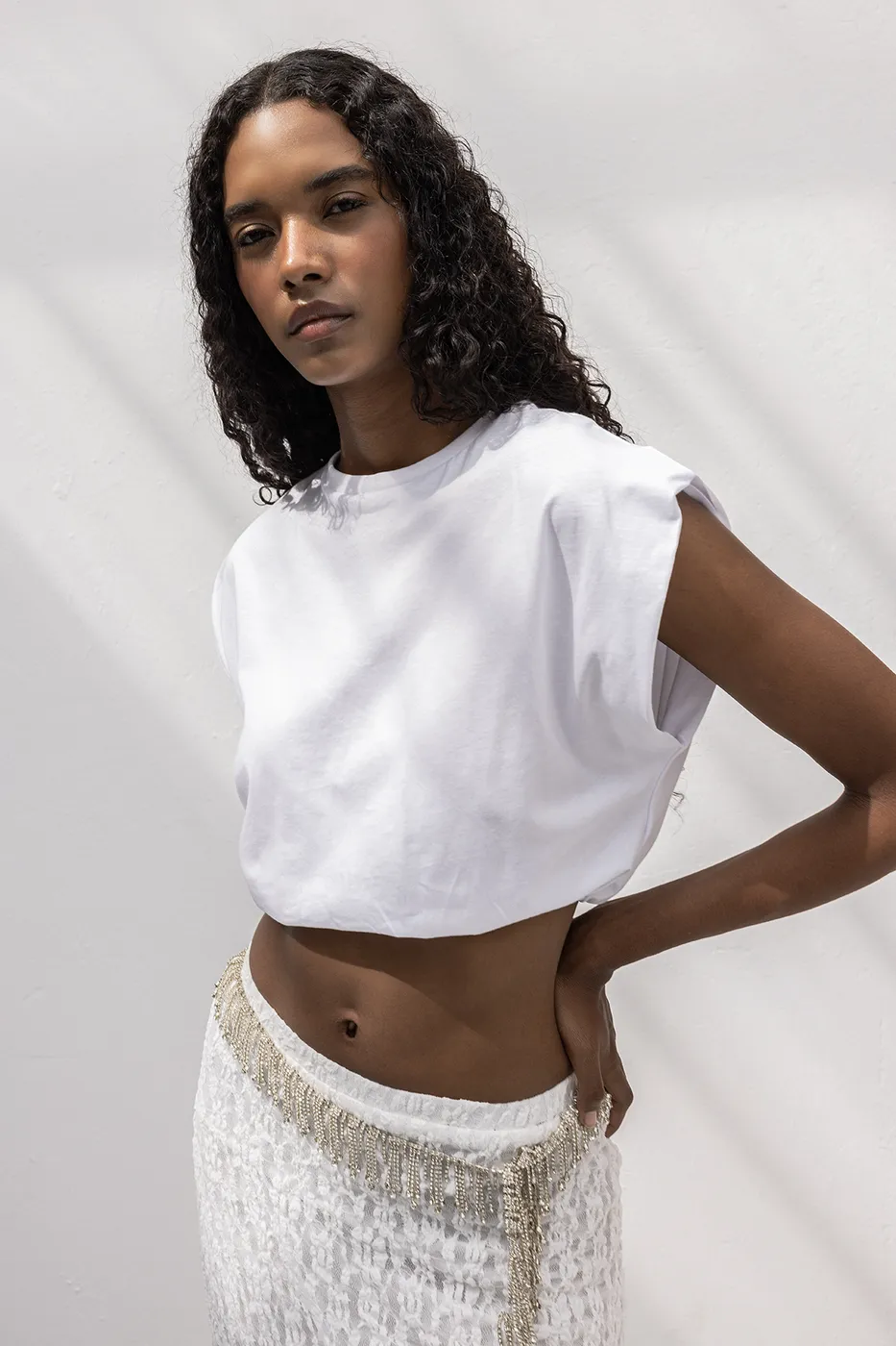 Bayan Beyaz Crop Balon Tshirt