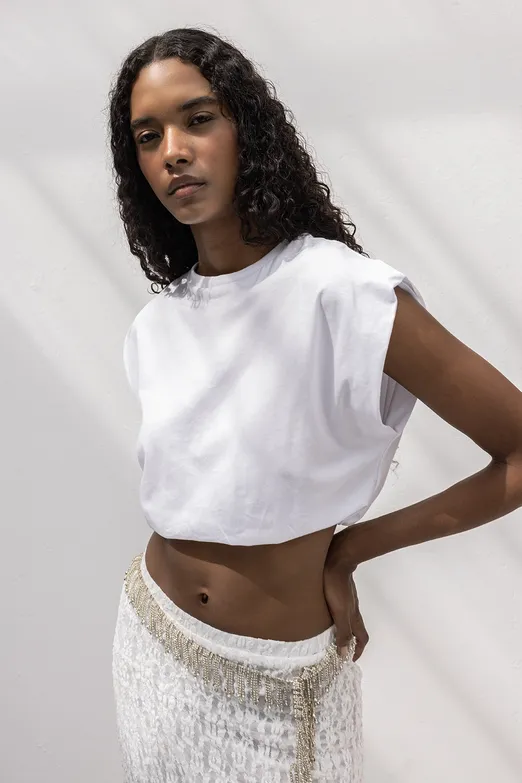 Bayan Beyaz Crop Balon Tshirt - BSL