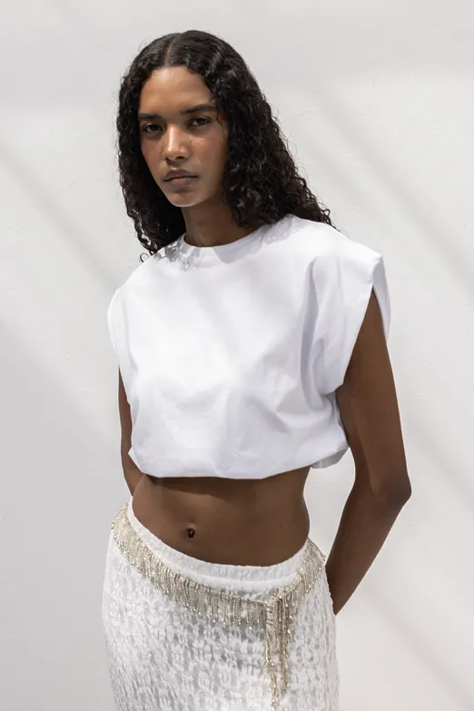 Bayan Beyaz Crop Balon Tshirt - BSL