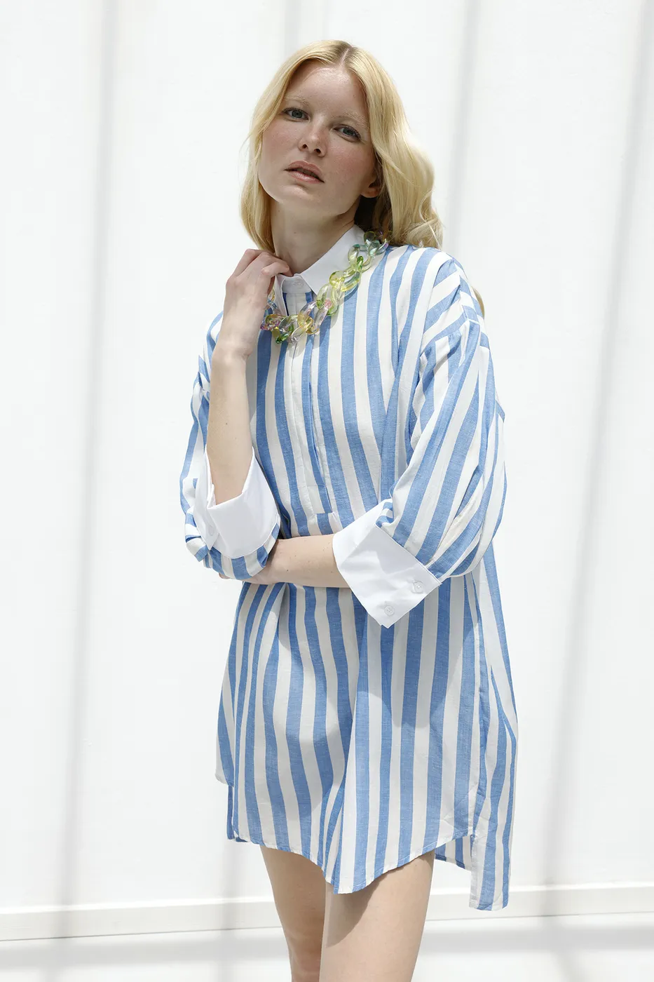 Bayan Mavi Çizgili Keten Karışımlı Mini Elbise