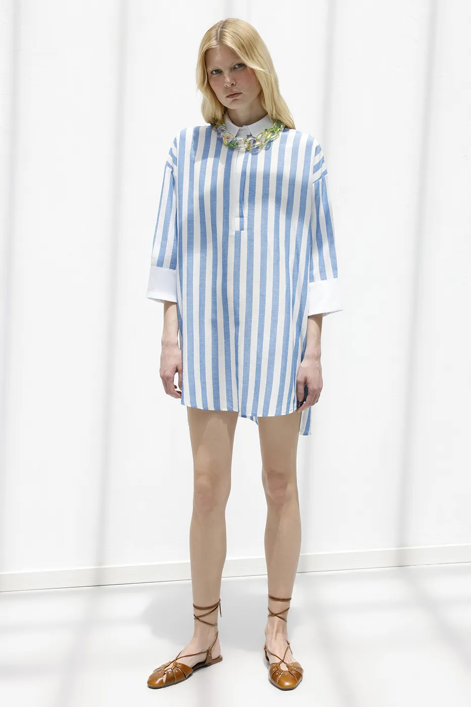 Bayan Mavi Çizgili Keten Karışımlı Mini Elbise