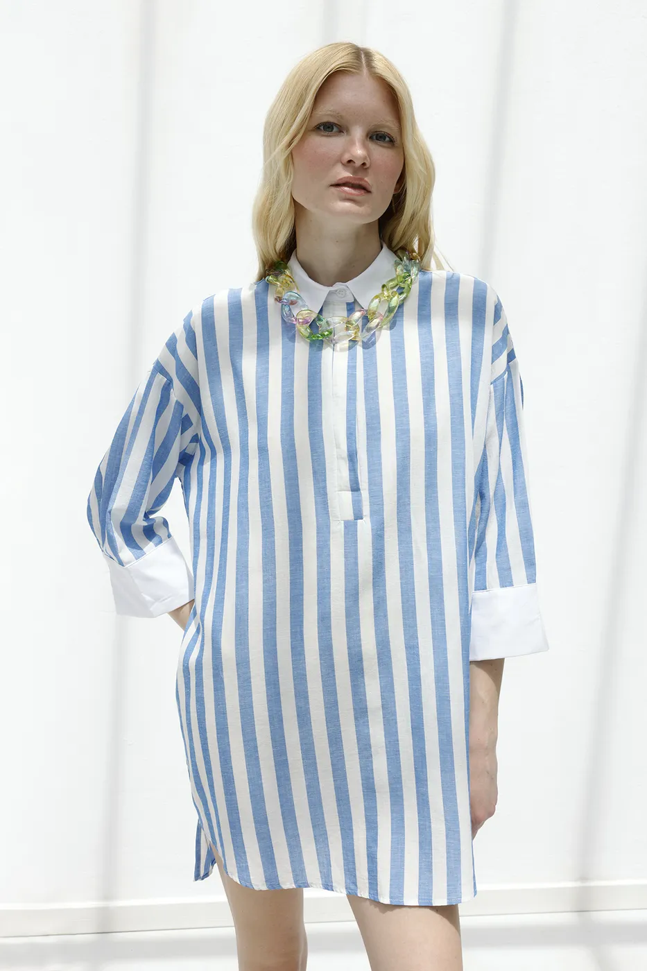 Bayan Mavi Çizgili Keten Karışımlı Mini Elbise