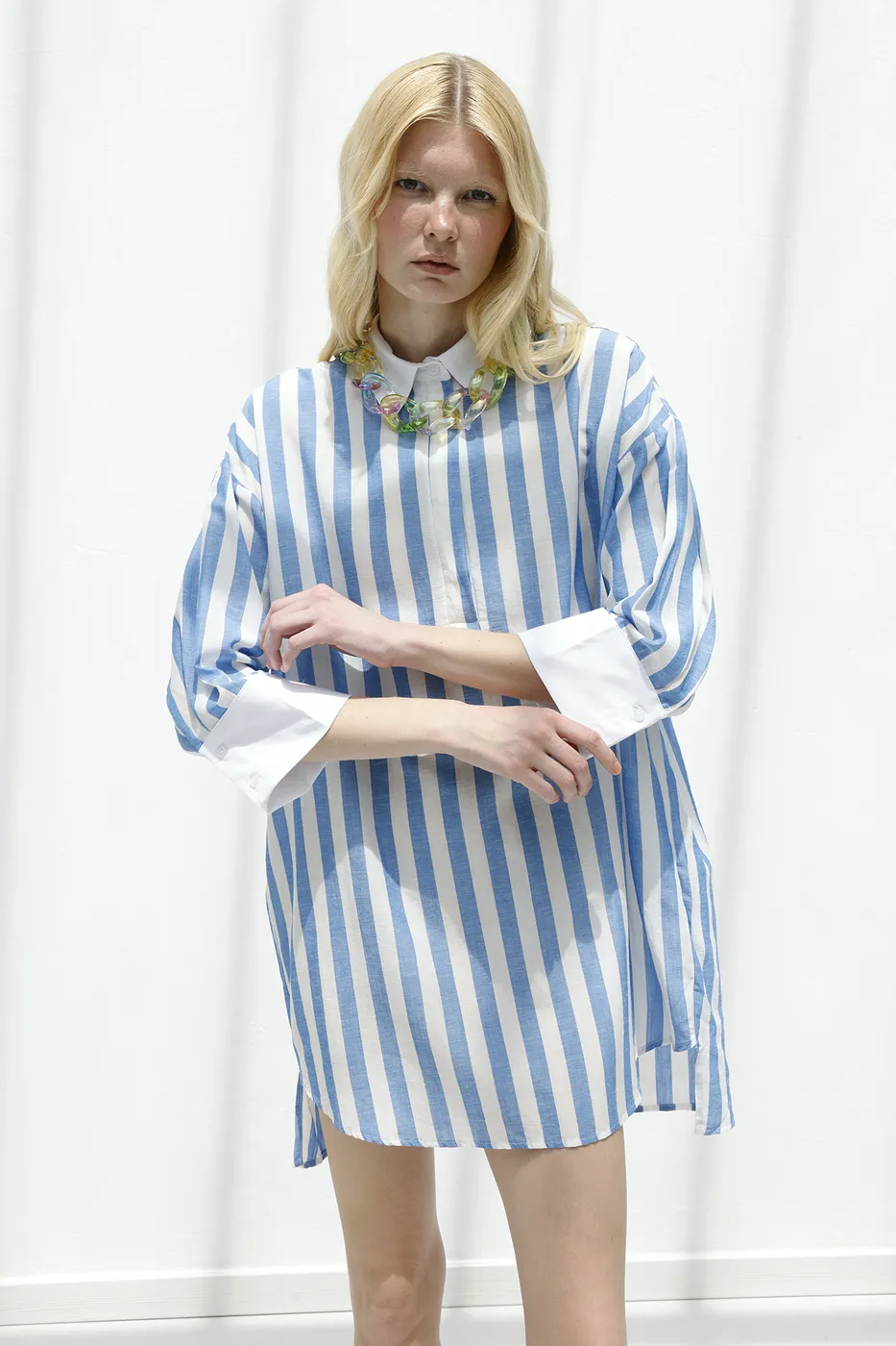 Bayan Mavi Çizgili Keten Karışımlı Mini Elbise