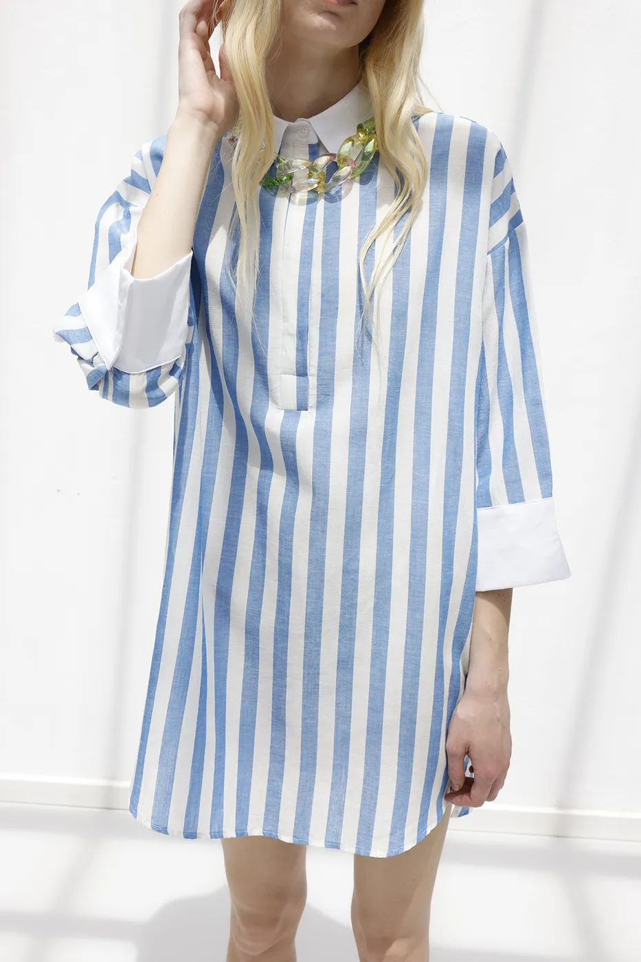 Bayan Mavi Çizgili Keten Karışımlı Mini Elbise