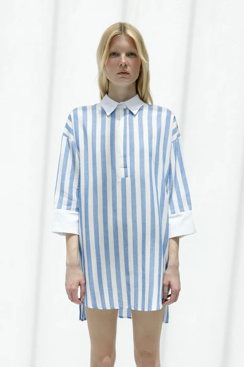 Bayan Mavi Çizgili Keten Karışımlı Mini Elbise