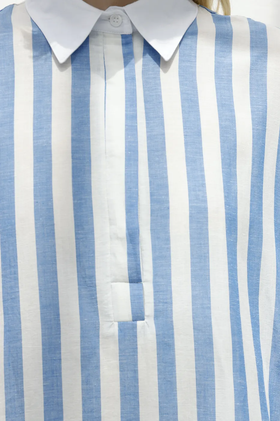 Bayan Mavi Çizgili Keten Karışımlı Mini Elbise