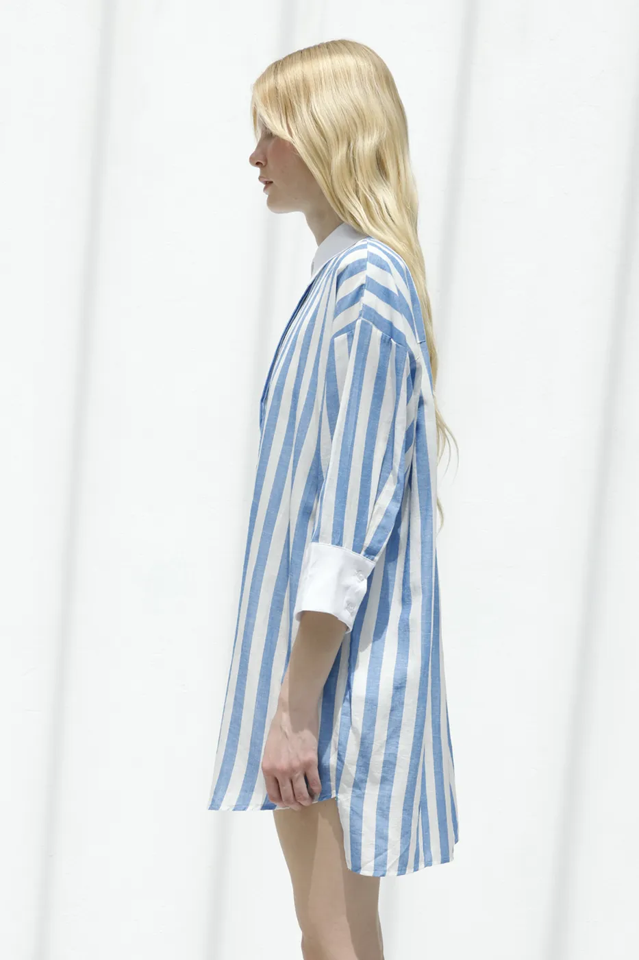 Bayan Mavi Çizgili Keten Karışımlı Mini Elbise