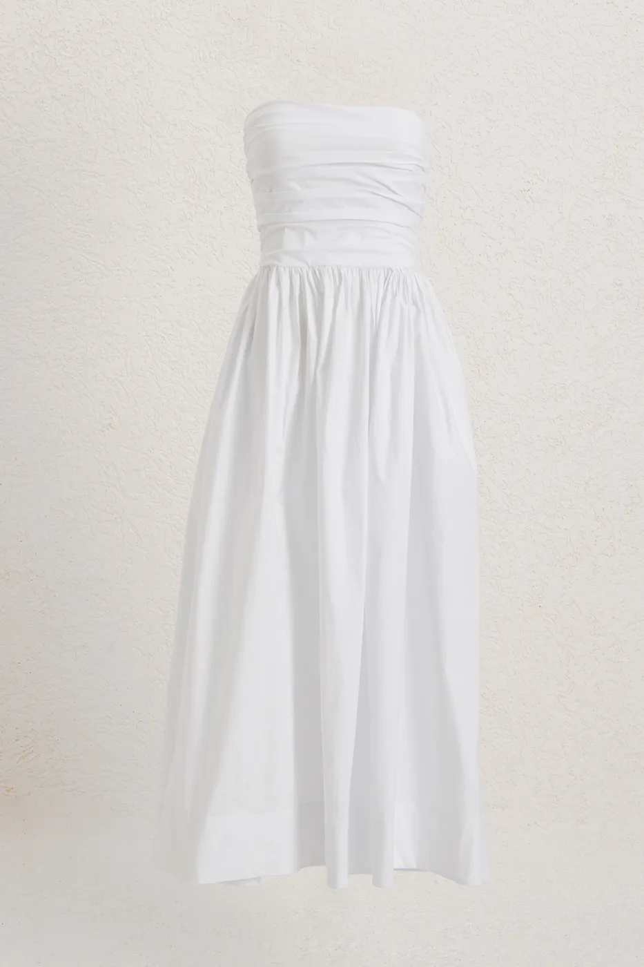 Bayan Beyaz Straplez Büzgülü Midi Elbise