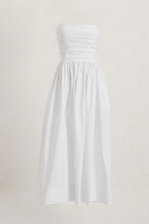 Bayan Beyaz Straplez Büzgülü Midi Elbise - BSL