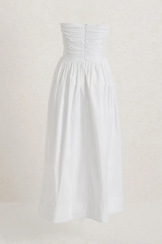 Bayan Beyaz Straplez Büzgülü Midi Elbise - BSL
