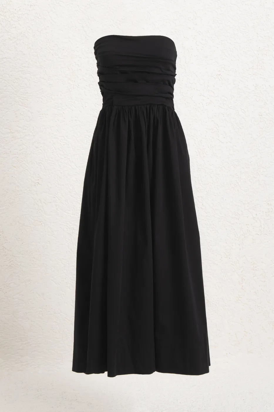 Bayan Siyah Straplez Büzgülü Midi Elbise