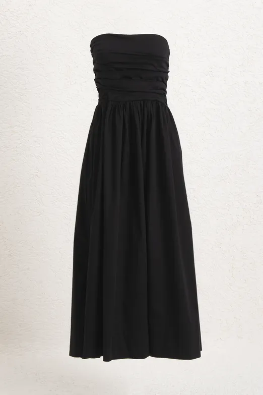 Bayan Siyah Straplez Büzgülü Midi Elbise - BSL