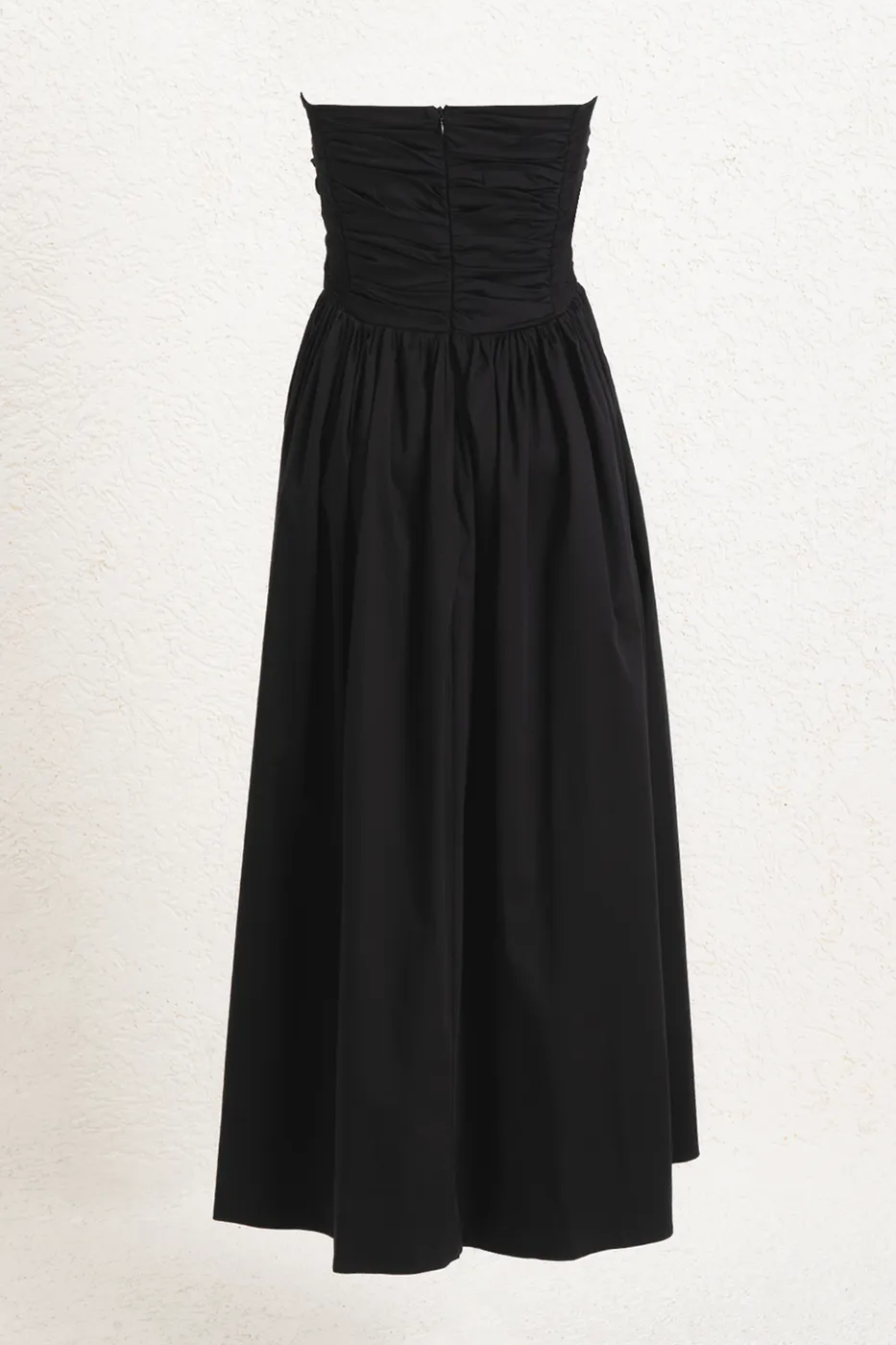 Bayan Siyah Straplez Büzgülü Midi Elbise
