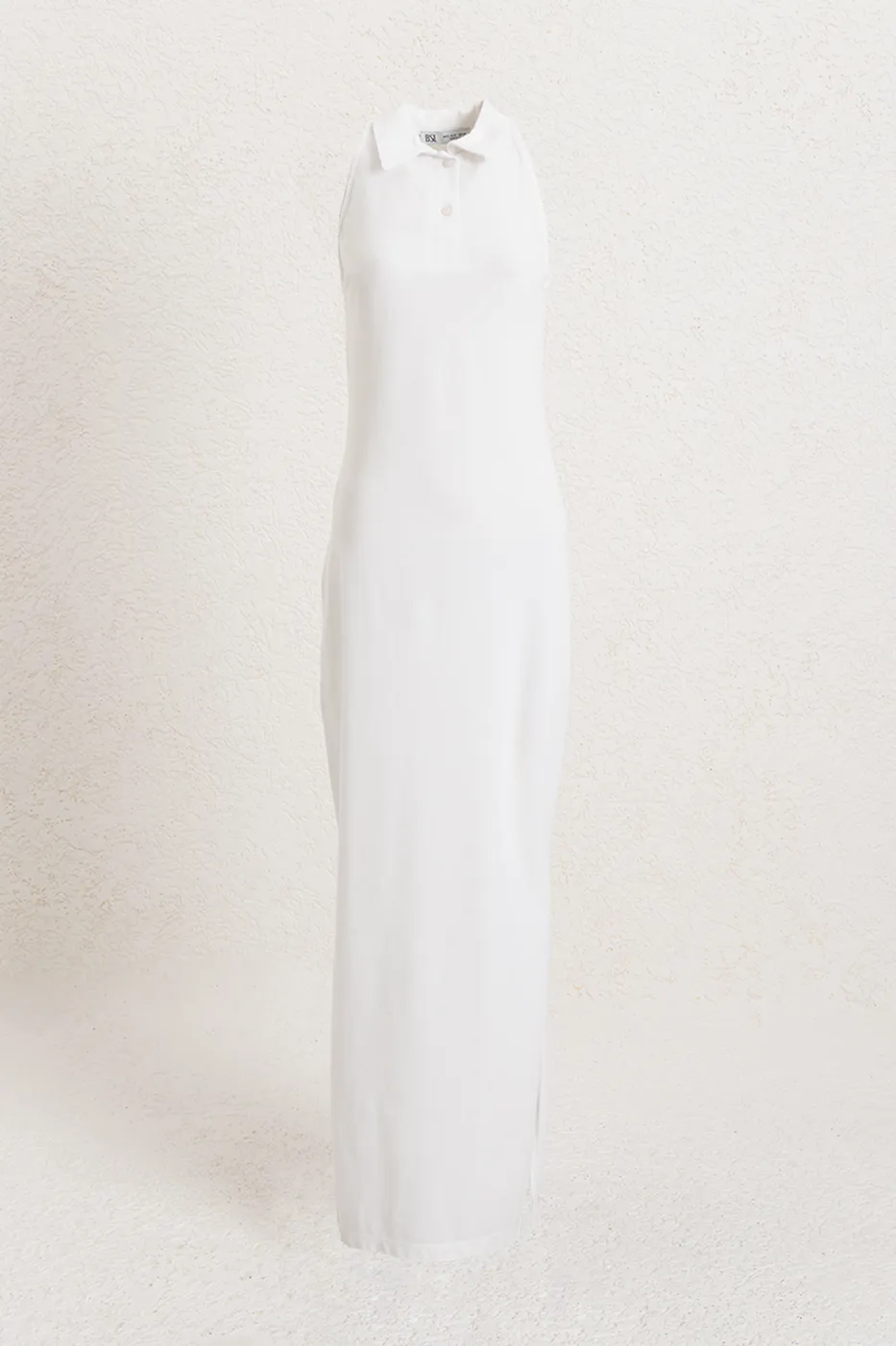 Bayan Beyaz Polo Yakalı Maksi Pike Elbise