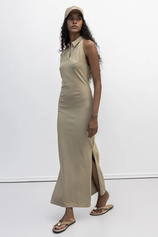 Bayan Haki Polo Yakalı Maksi Pike Elbise - BSL