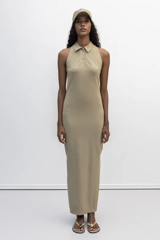 Bayan Haki Polo Yakalı Maksi Pike Elbise - BSL