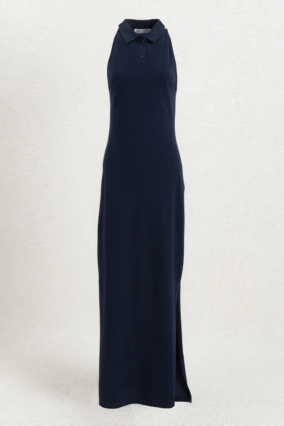 Bayan Lacivert Polo Yakalı Maksi Pike Elbise